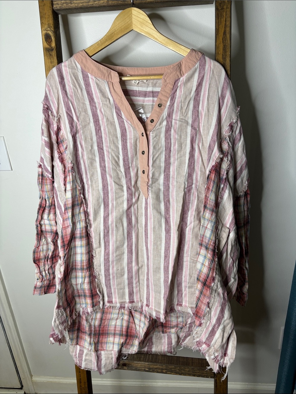 Oli & Hali Pink and Cream Striped Henley Tunic with Plaid Accents OS